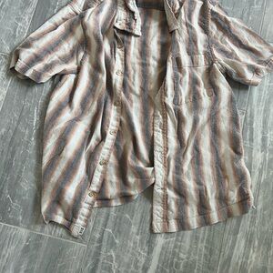 Men's Striped Button Down Shirt - Cream, Brown, and Blue